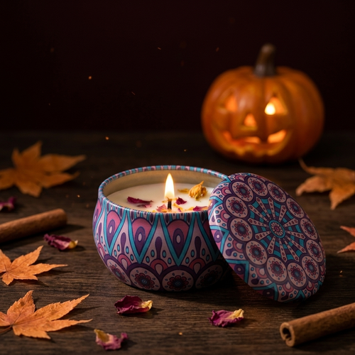 Vonná svíčka Plamelka s mandalou v podzimní halloweenské atmosféře